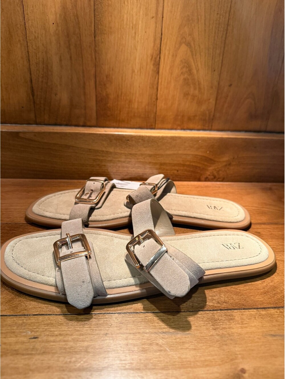 New Zara Beige Suede Buckled Slide Sandals Women's Size 9 - Picture 5 of 9